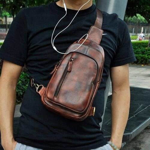 Men Quality Leather Casual Fashion Chest Sling Bag Design Travel Triangle One Shoulder Cross body Bag Daypack Male 8005bu