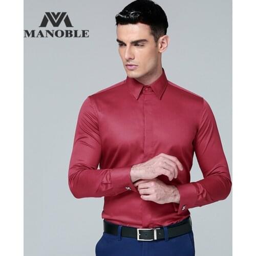High Quality Mens Dress Shirt 2019 Brands New Fashion Regular Fit Shirts Business Long Sleeve with Cufflink Solid Color