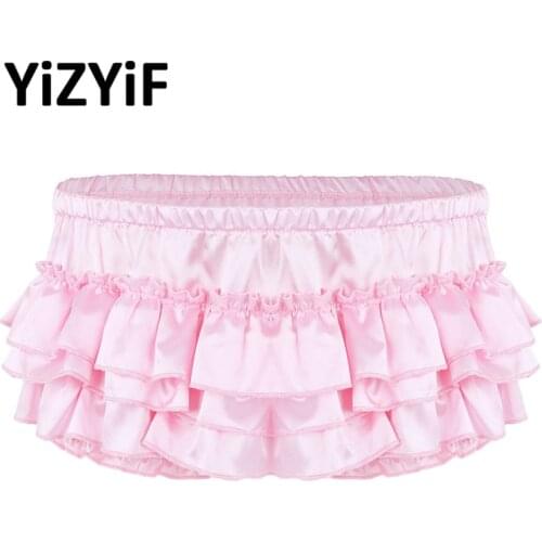 Men Sissy Panties Gay Men Swimwear Lingerie Shiny Satin Ruffled Bloomer Tiered Skirted Panties Sissy Briefs Underwear Panties