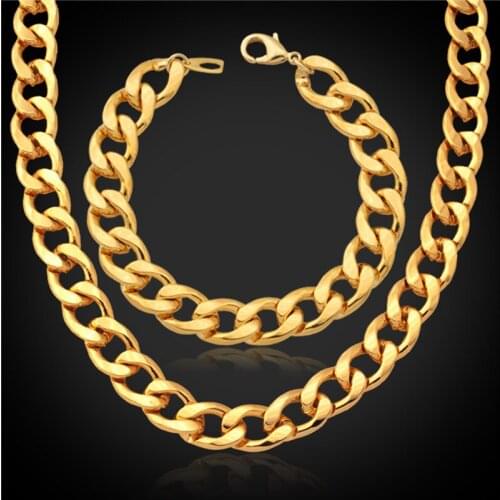 Chunky Necklace Set Men Chain 11MM Width 55CM 22" Choker Necklace Bracelet Men Jewelry Gold Color Jewelry Sets NH754