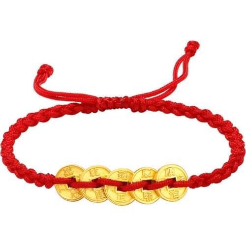 Genuine 24K Yellow Gold Five Emperors' Coin Red Cord Bracelet Length from 5" to 15" For Lady