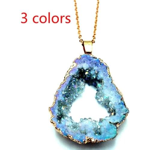 New Fashion Geometric Natural Irregular Rock Druzy Stone Pendant Necklaces Vintage Crystal Geode Necklace Charm Party Gift