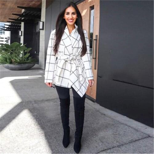 2020 New Autumn Winter Female Woolen Coat Fashion Lattice Turndown Collar Slim Waistband Classic All-match Women Tops Vogue