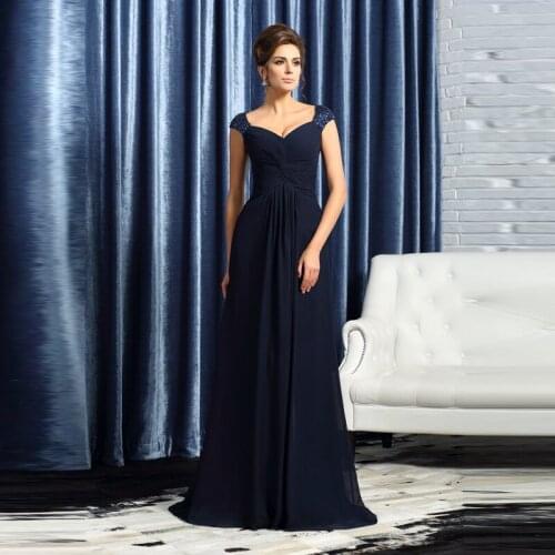 Wholesale Full Length Dark Navy Chiffon Mother of the Bride Dresses Cap Sleeves Beaded Wedding Guest Dress Back Out Pleated