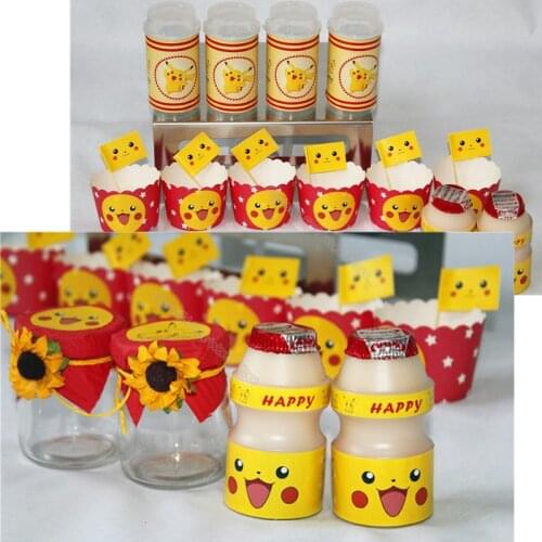 Pikachu Birthday Party Decoration Pokemon Cute Water Bottle Wrappers Cake Flag Drink Wraps Label Boy Girl Kid Birthday Supplies