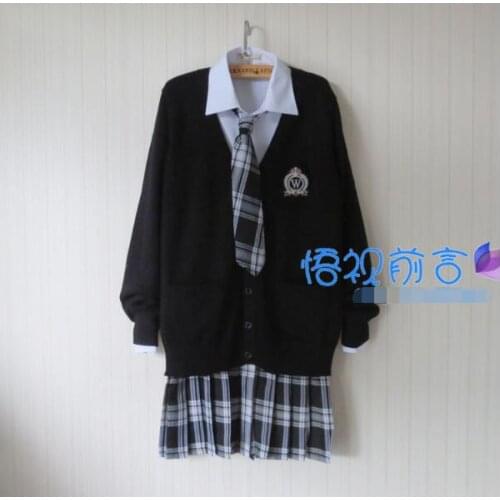 Plus Size Preppy Style JK School Uniform Black Sweater Cardigan Jacket Harajuku Japanese School Uniform Sweater+Shirt+Tie+Skirt