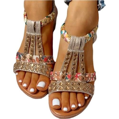 Womens Sandals Summer Bohemia Platform Wedges Shoes Crystal Gladiator Rome Woman Beach Shoes Casual Elastic Band Female