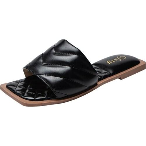 Retro Woman Slippers Soft PU Leather Sandals High Quality Flat Heel Flip Flops Classic Black Four Seasons Indoor Shoes Big size