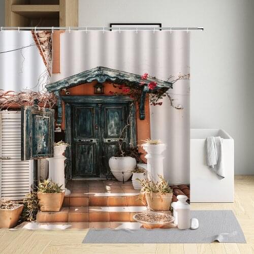 Retro Doors Shower Curtains Old Door Frame Stone Wall Flower Scenery Animal Cow Bathroom Decorative Curtain Washable With Hooks