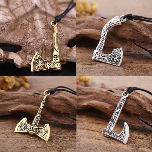 Skyrim Viking runes Axe Pendants Necklace for Mens wicca Amulet Vintage Knots Handmade pendant Norse Wax Necklaces