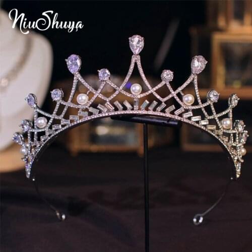 NiuShuya Wedding Hair Accessories Women Vintage Tiaras Crowns AAA Zirconia Pearl rhinestones Diadem Party Dress Bride Headband