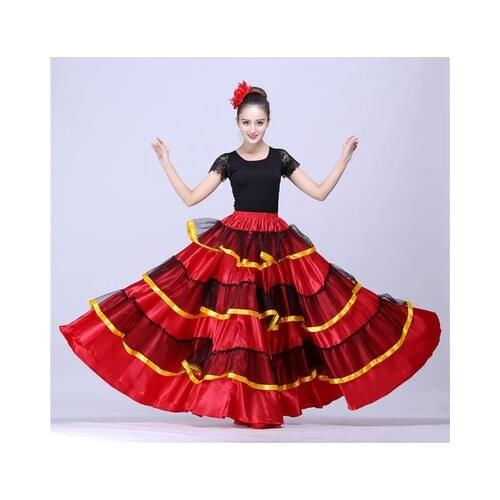 Girls Dance Costumes Red Black Satin Solid Spanish Flamenco Dress Lace up Ballroom Dance Performance Party Female Long Skirt