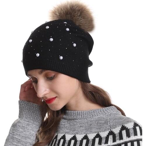 Warm winter hats for women pearl rhinestone skullies beanies wool knitted hat womens winter cap real fur pompom hat