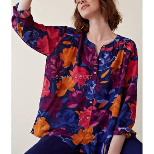 Viscose 100% Peony Flower Blouse Top Round Neck & Buttoed Closured - 2019 Spring Summer Women Stylish Long Sleeve Blouse Shirt