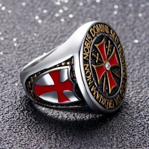 Domineering Knights Templar Rings For Men Silver Color stainless steel Red Cross Inlaid Cubic Zirconia mens ring Jewellery Gift