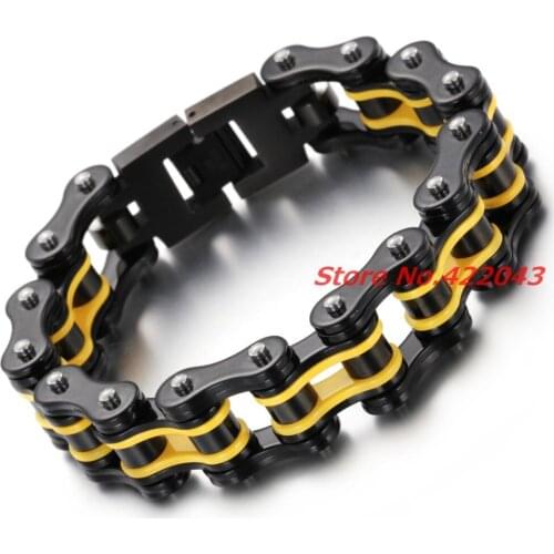 Top Quality Mens Motor Bike Chain Motorcycle Chain Bracelet Bangle 316L Stainless Steel Jewelry Yellow Black Design 17mm Bangle