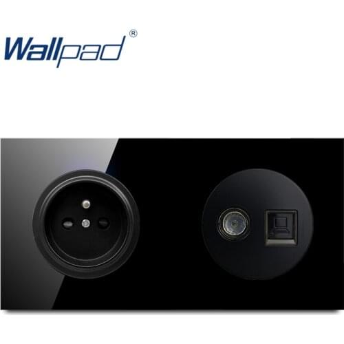 Wallpad EU French Socket With TV DATA Ethernet RJ45 Crystal Tempered Pure Black Glass Panel Wall Power Socket Outlet