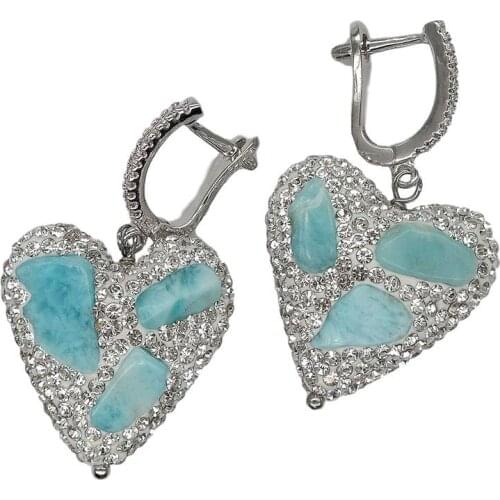 Y·YING Blue Larimar white Crystal Pave Heart-Shaped Dangle Lever back Earrings trendy for women