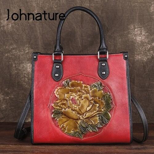 Johnature Retro Genuine Leather Women Bag 2021 New Hand Painted Peony Floral First Layer Cowhide Handbag Leisure Shoulder Bags