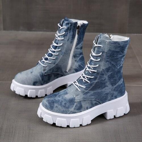 2021 New Denim Women Boots Ladies Chunky Heel Platform Round Toe Shoes Denim Ankle Women Boots Jeans Casual Lace Up Boots