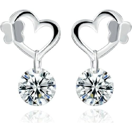 925 Sterling Silver Needle heart-shaped Butterfly Pendant Earrings for women Korean fashion lovely Zircon Earrings for women