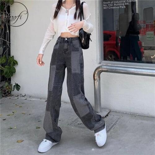 Varofi Large size high waist loose straight leg jeans women design sense patch wide leg pants plaid jeans y2k jeans jeans