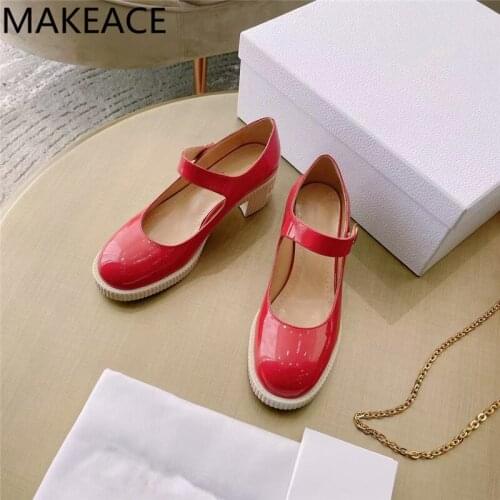 New Square Heels Shoes Women Genuine Leather Mary Jane Shoes Woman Round Toe One Strap Thick Sole Chunky Heels Shoes Woman 2021