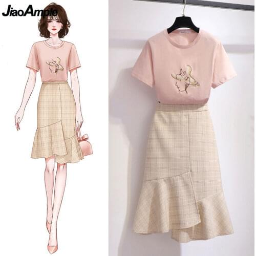 2021 Summer Korean Sweet Pink T-shirt Skirts Suit Women Fashion Asymmetry Dress Girls Leisure O-Neck Short Sleeve Clothing Set