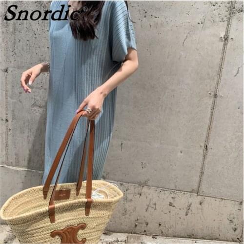 2021 Women Summer V Neck Knitted Long Loose Tshirt Dress Split Hem Pullover Maxi Sundress