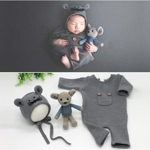 3 Pcs/Set Newborn Photography Props Suit Knitted Cotton Jumpsuit Hat Mouse Doll Infant Photo Shooting Clothes Outfits