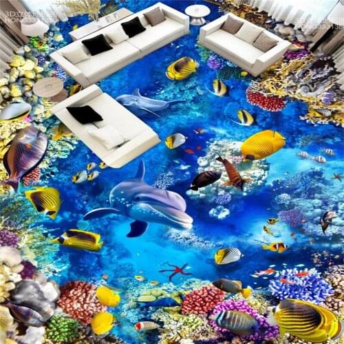 Beibehang Underwater World Dolphin Coral Modern Floor photo wallpaper Waterproof Bathroom PVC Wall paper Self wall sticker mural