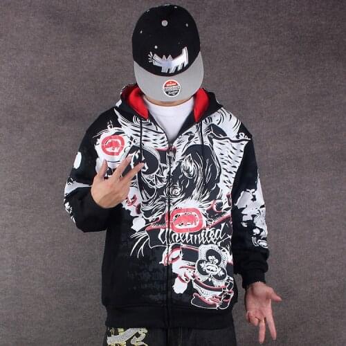 Brand Mens Streetwear Chinese Print Graffiti Hip Hop Hoodie Cardigan Cotton Casual Japanese Style Hooded Hoodie Black
