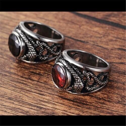 European and American stainless steel ring mens jewelry vintage inlaid red and black stone plate snake titanium steel ring