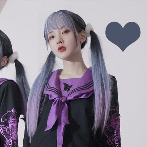Gradual Black Blue Purple Kawaii Lolita Wig Harajuku Long Straight Hair Adult Chic Girls Women Cosplay Daily Wear