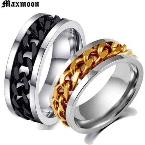 Maxmoon New Part Plated-Gold/Black Mans Spin Chain Ring For Stainless Steel Cool Man Woman Fashion Wedding Jewelry
