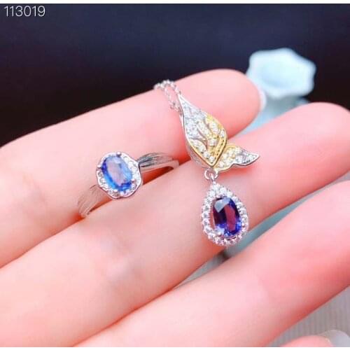 925 Silver Jewelry set Natural Sapphire Pendant Ring sets Women Jewelry 4X6mm