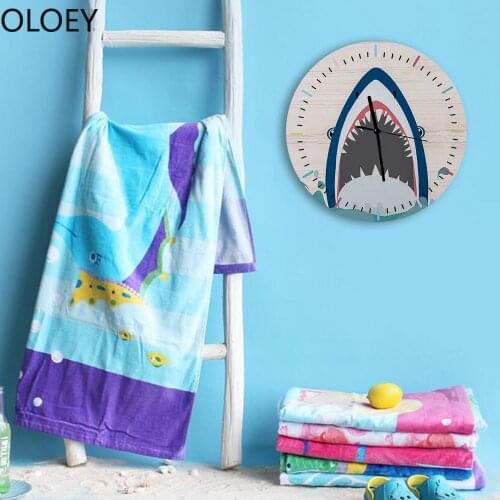 Cartoon Shark Wall Clock Animal Art Silent Round Clock for Kids Rooms Childrens Bedroom Home Decor Wall Clock Modern Design