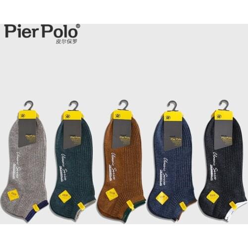 New PIER POLO Summer Double Needle Thermoprint Mens Boat Socks Combed Cotton Casual Short Socks Men 5 Pairs/lot Anle Socks