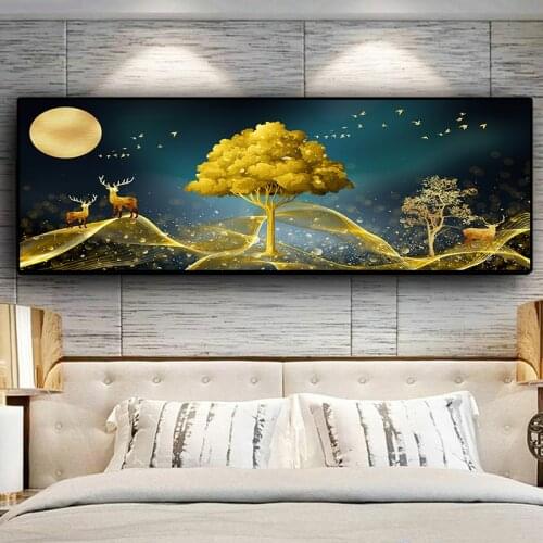 Natural Abstract Gold Tree and Deer Landscape Posters and Prints Canvas Painting Scandinavian Wall Art Picture for Living Room