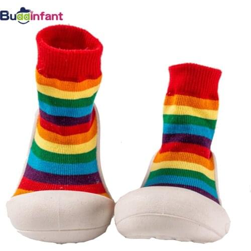 Toddler Baby Socks Shoe with Rubber Sole Soft Rainbow Bear Pattern Floor Cotton Sock Anti-slip for Baby Boy Infant 1/2/3 Year