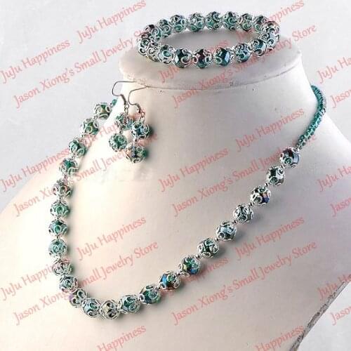 One set Handmade Peacock Green Crystal Glass Beads Jewelry Set Necklace,Earring and Bracelet 221
