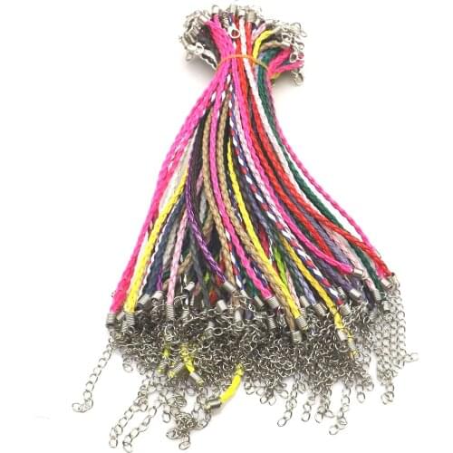 100pcs/Lot Mixed Color 20cm Length Twisted Leather Bracelets With Lobster Clasp 5cm Extension Chain