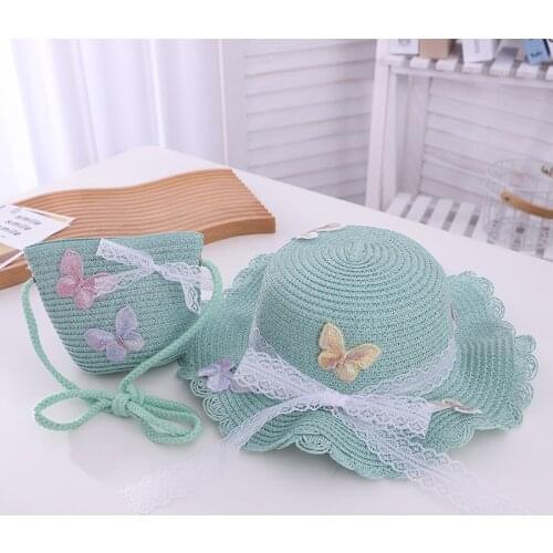 New summer children casual butterfly straw hat+ handbags Kid girls Outdoor holiday straw bags Sun hat For Girls