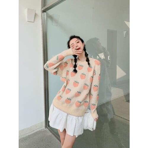 Sweet Cute Cartoon Strawberry Knitted Sweater Women Loose Lazy Casual Pullover Sweater Winter Thicken Warm Woman Clothes Tops