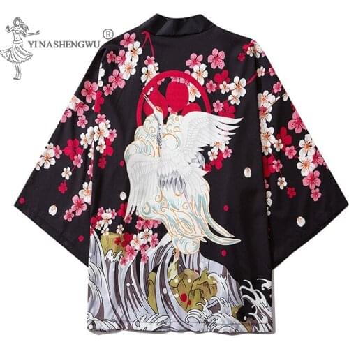 Japanese Men Women Crane Print Kimonos Harajuku Yukata Loose Shirt Cardigan Costume Samurai Japan Chinese Style Couple Coat New