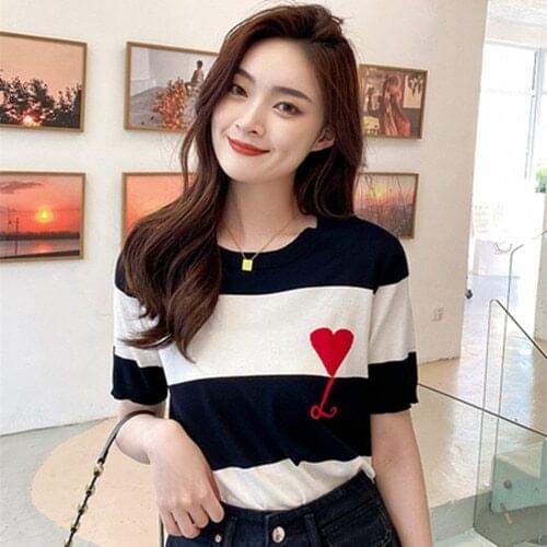 Knit Woman Tshirts 2021 Summer Korean Style Streetwear Cute Red Heart Striped Short Sleeve T-Shirt Casual Knitwear Tops T696