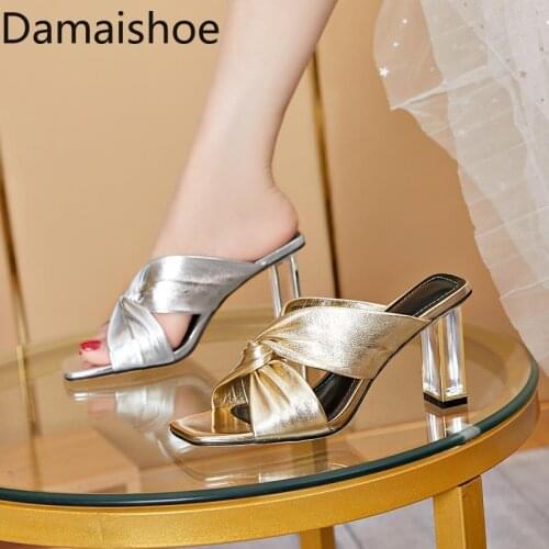 European Station Shoes Spring/Summer Sandals Womens High Heel Slippers Outer Wear Metallic Leather Surface Chunky Heel 2021 New