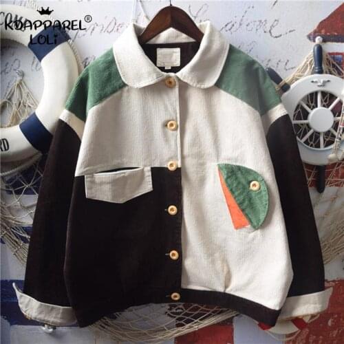 Japanese Mori Girls Corduroy Jacket Women Students Teens Ingot Collar Stitching Top Long Sleeve Harajuku Style Retro Loose Coat