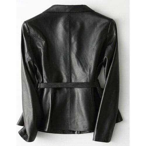 2020 Fashion Brand Genuine Leather Jacket Women Elegant Streetwear Casual Black Slim Sheepskin Coat with Belt 29303