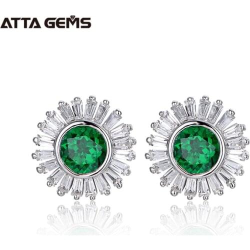 ATTAGEMS 925 Sterling Silver Round Shape Emerald Moissanite Diamonds Gemstone Earrings Studs Fine Jewelry Wholesale for Women